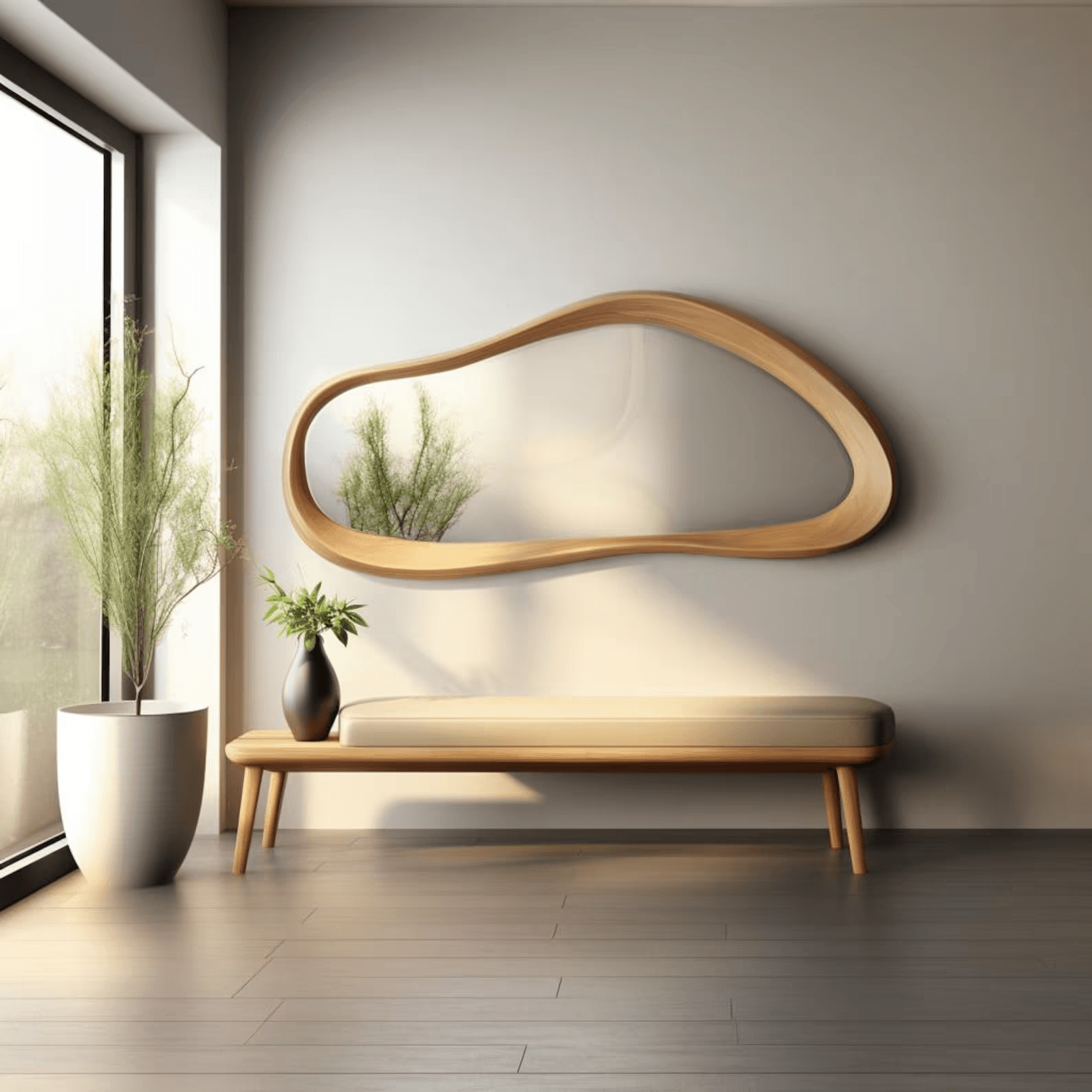 Round mirror with a blackened burned wood frame