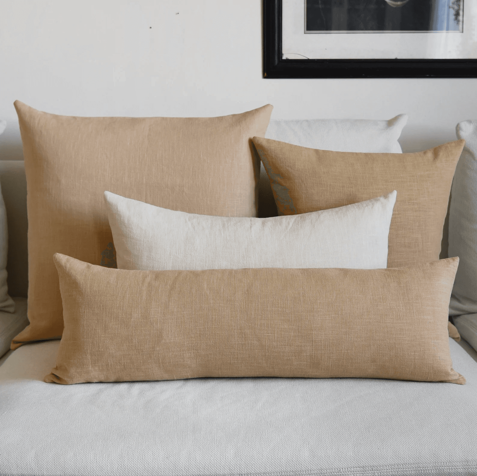 Long rectangular linen cushion in natural beige
